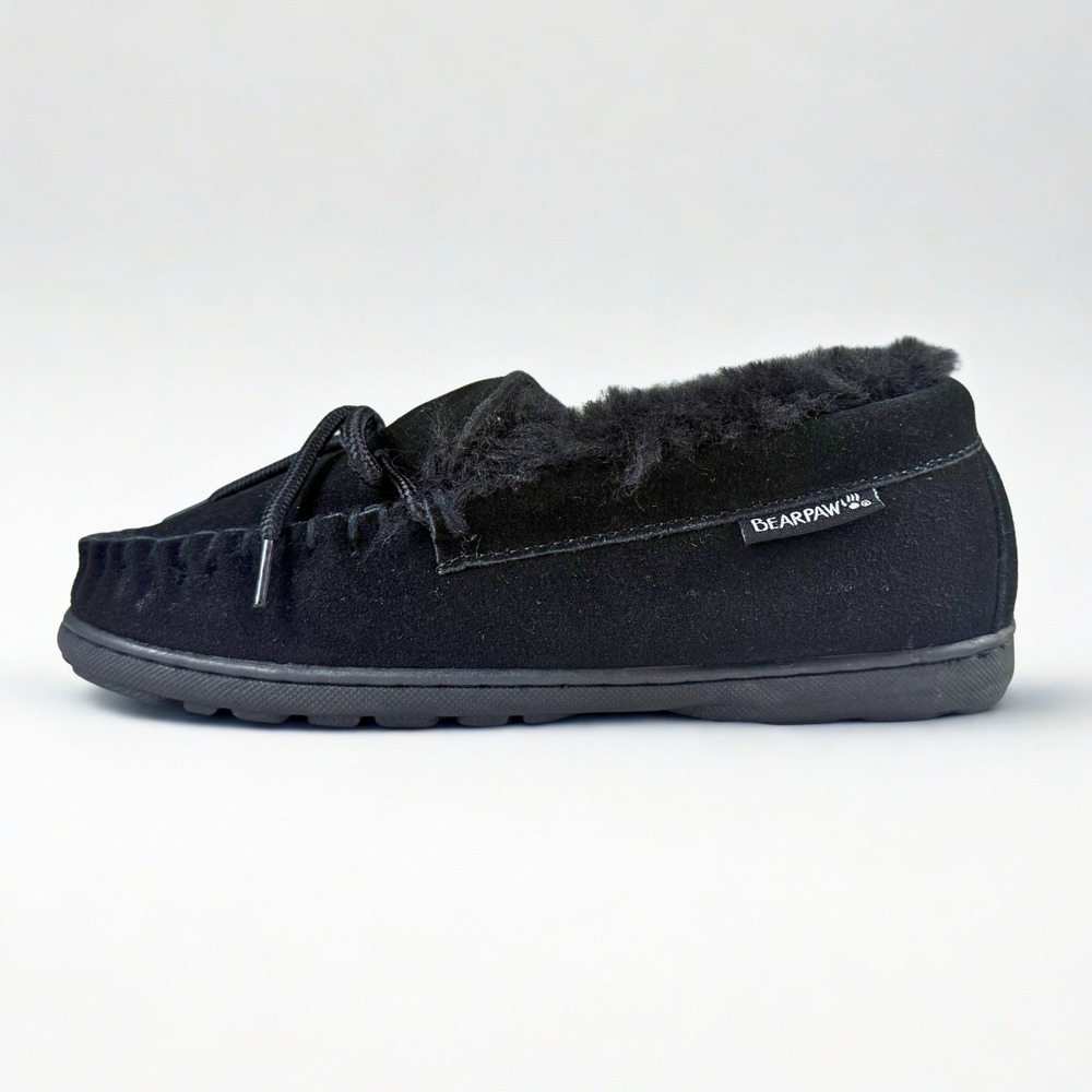 Bearpaw Moc II Slippers Womens 6 Black Suede Faux Fur NeverWet Moccasins Shoes